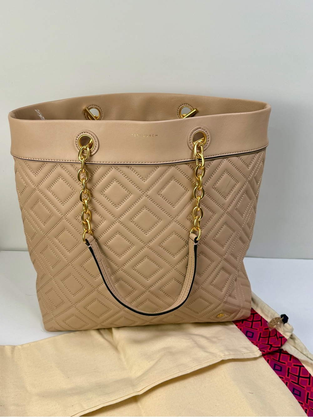 Tory Burch FLEMING Tote Quilted Leather Dual Chain Straps New Mink Like New